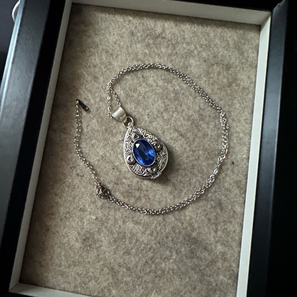 Silver Poisen/Stash necklace with Blue Gemstone